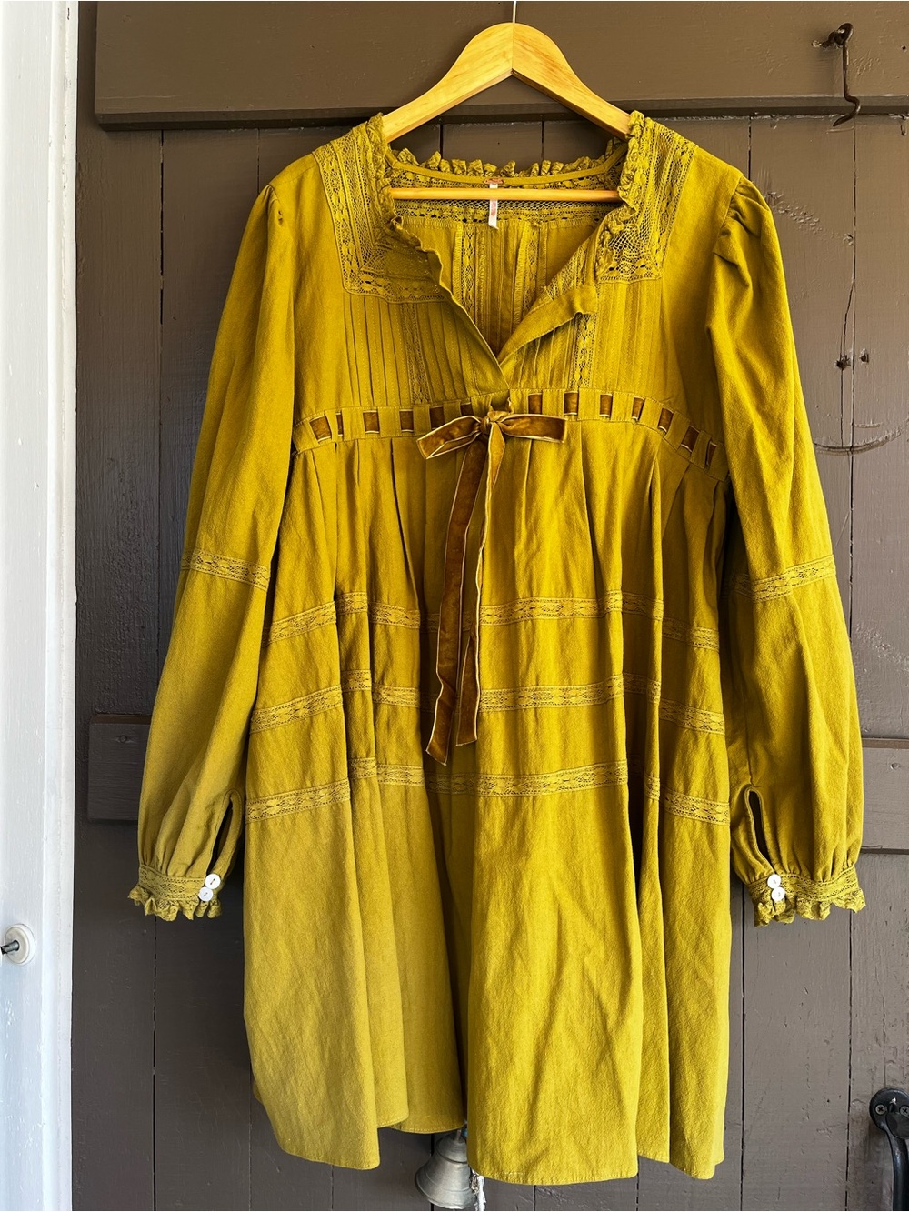 Free People Mustard Yellow Boho Mini Dress with Velvet Tie